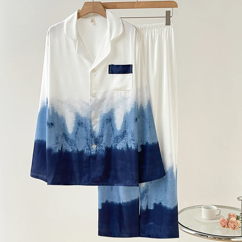 Plus Size Men's Silk Print Pyjamas - 2PCS Luxury Sleepwear Set