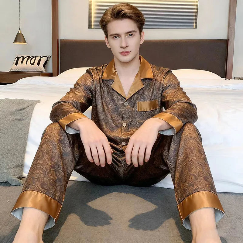 Plus Size Men's Silk Print Pyjamas - 2PCS Luxury Sleepwear Set