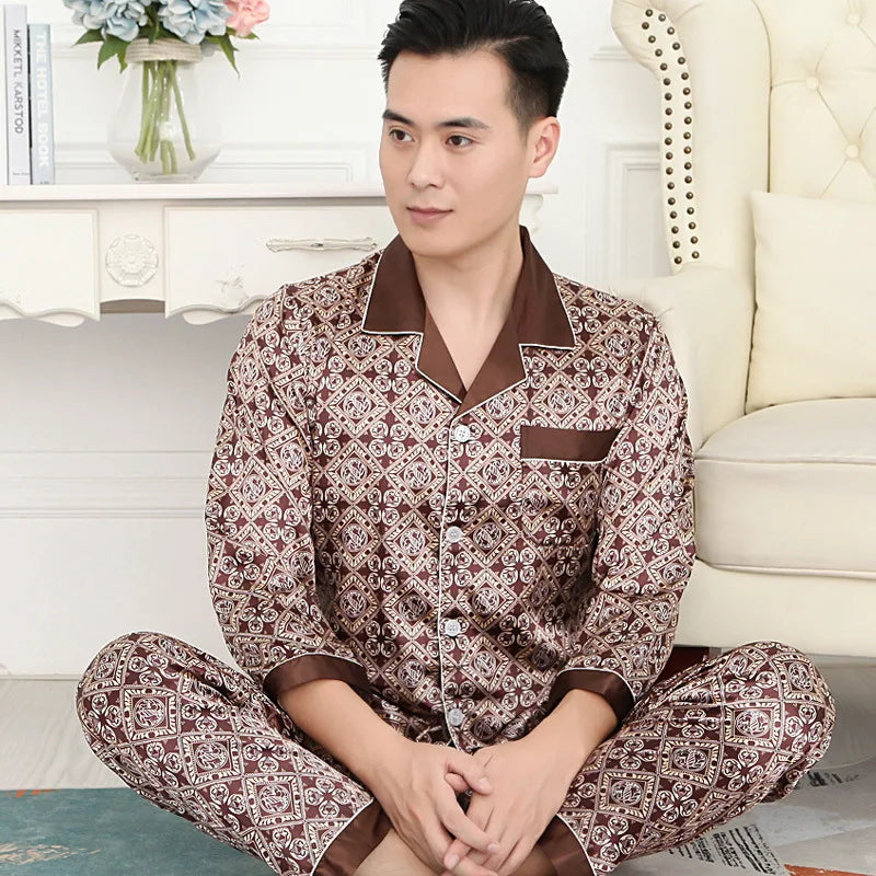 High Quality Men's Ice Silk Long-sleeved Sleepwear Set