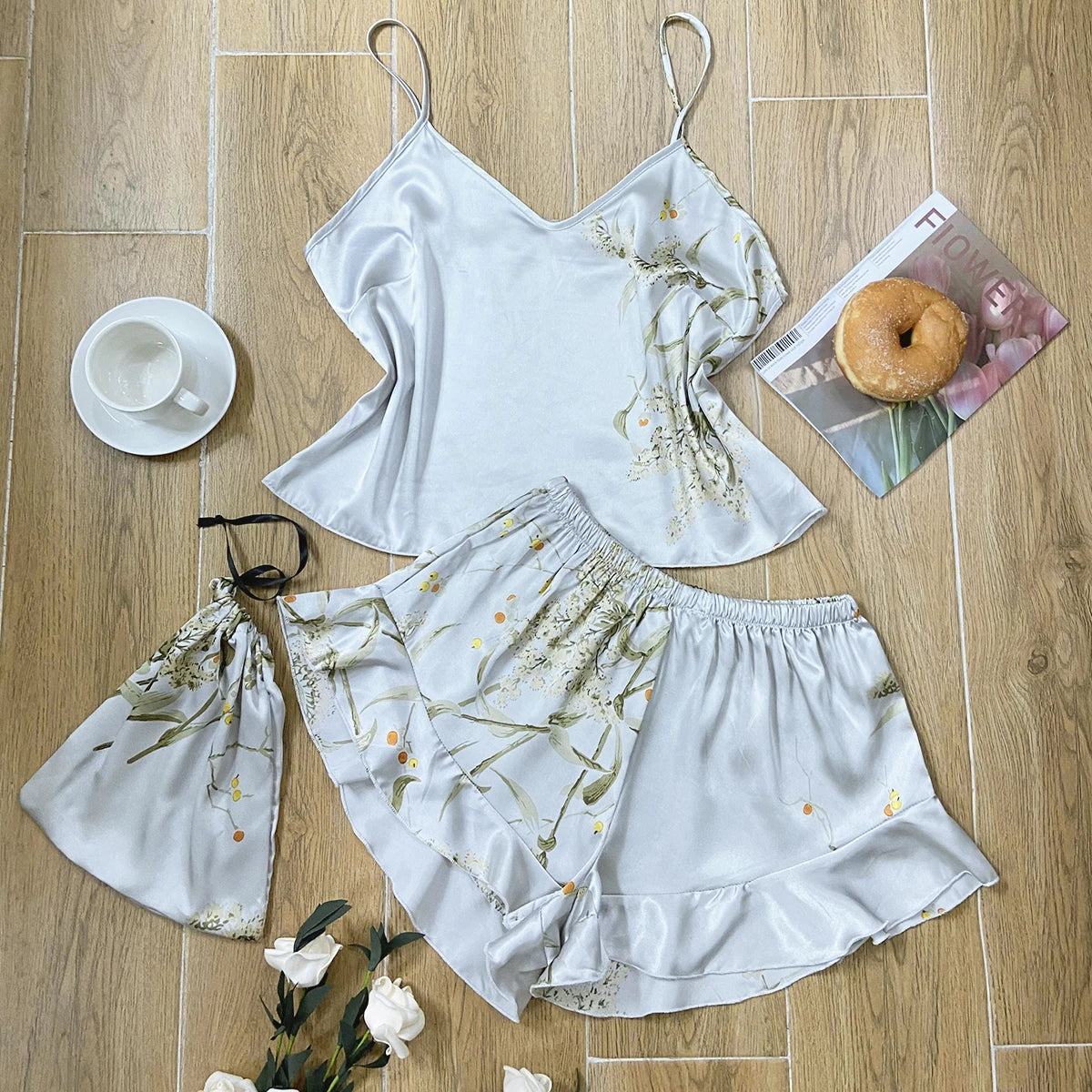 Elegant Floral Print Cami Top And Ruffle Hem Shorts Pyjama Set