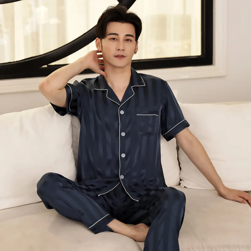 High Quality Men's Ice Silk Long-sleeved Sleepwear Set