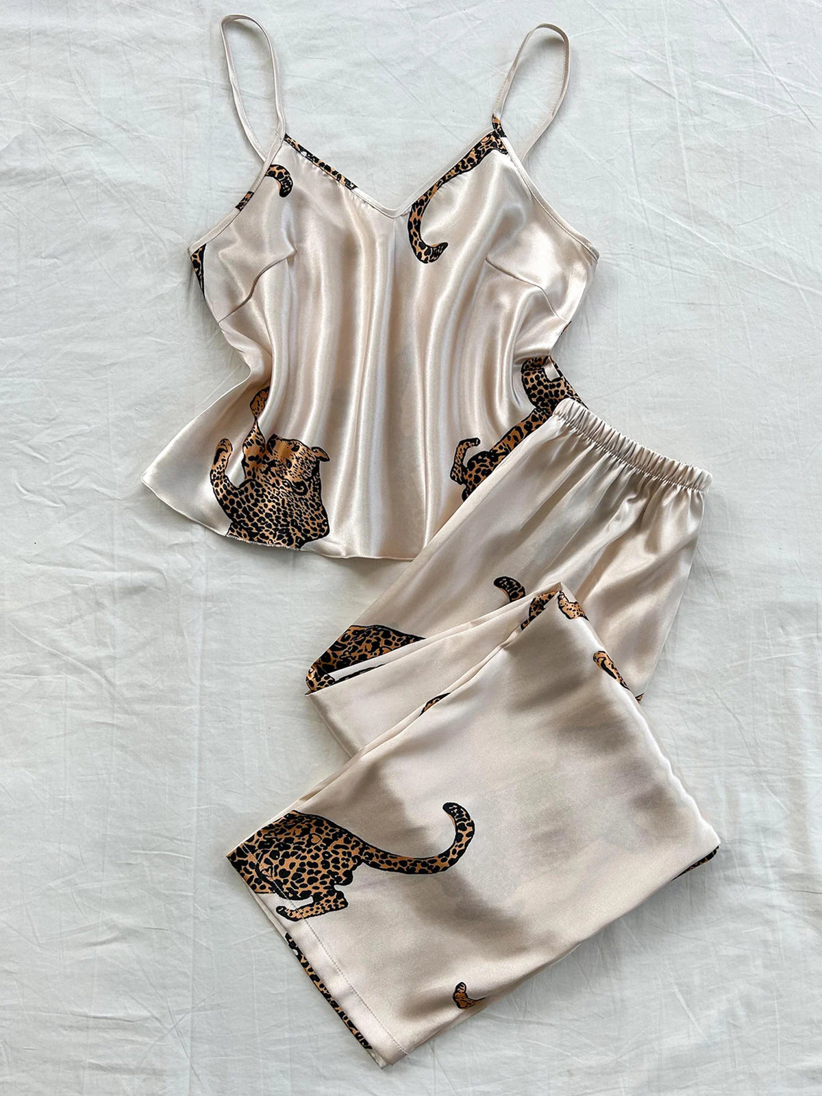 Luxury 2pcs V Neck Leopard Silk Blend Pyjama Set