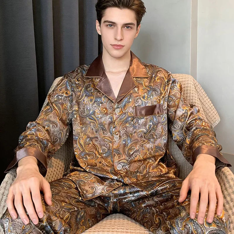 Plus Size Men's Silk Print Pyjamas - 2PCS Luxury Sleepwear Set