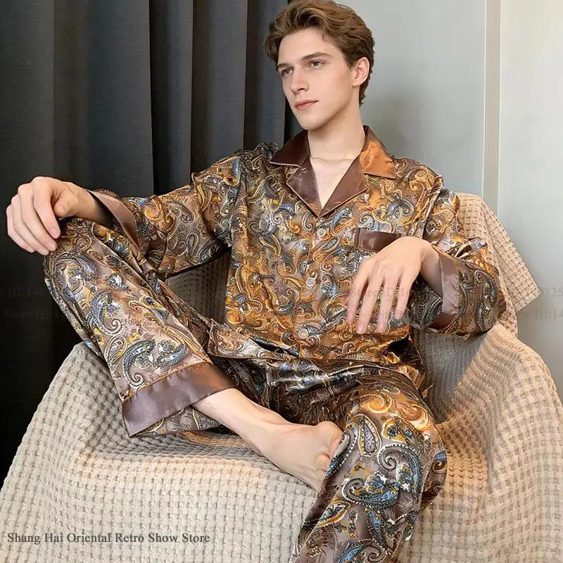 Plus Size Men's Silk Print Pyjamas - 2PCS Luxury Sleepwear Set