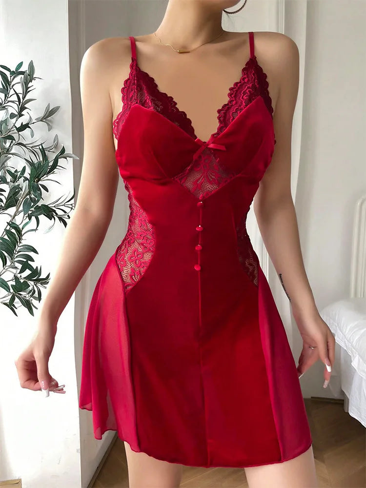 Sexy Velvet Wine Mesh Splicing Sling V-neck Baby Doll Dress Lingerie