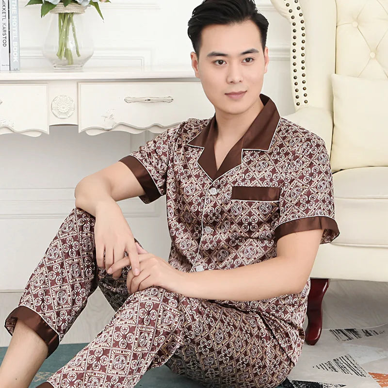 High Quality Men's Ice Silk Long-sleeved Sleepwear Set