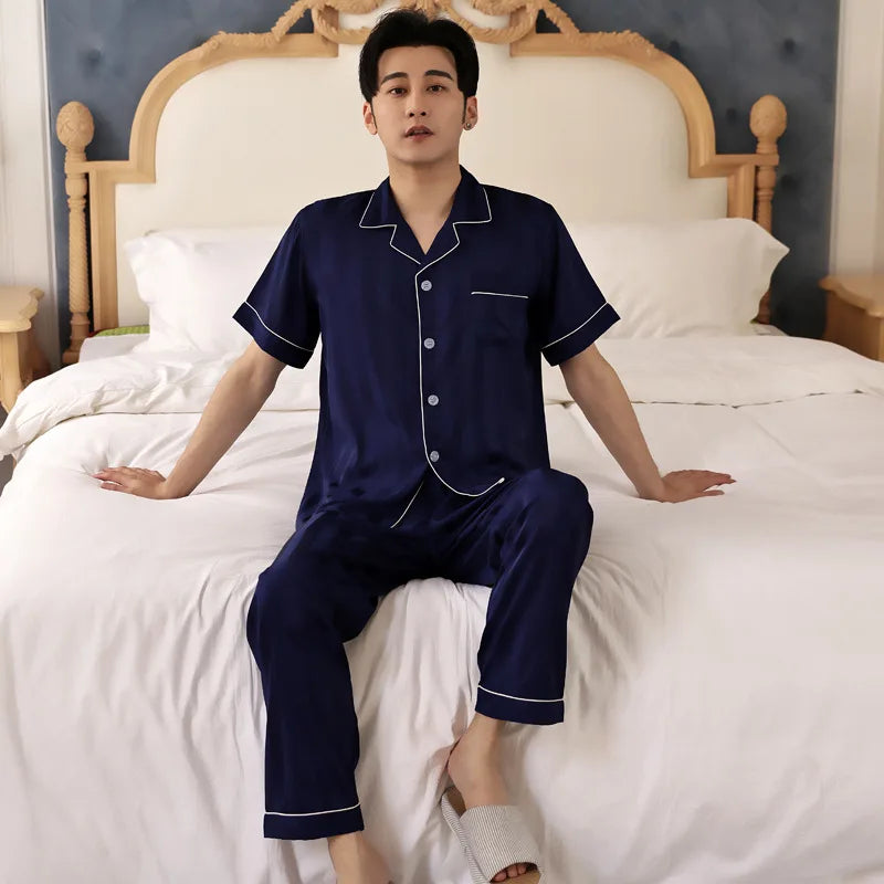 High Quality Men's Ice Silk Long-sleeved Sleepwear Set