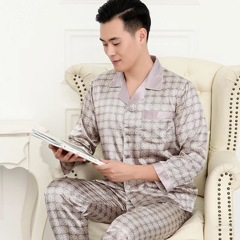 High Quality Men's Ice Silk Long-sleeved Sleepwear Set