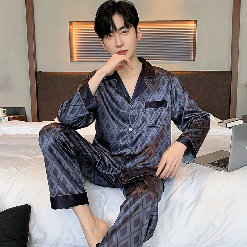 High Quality Men's Ice Silk Long-sleeved Sleepwear Set