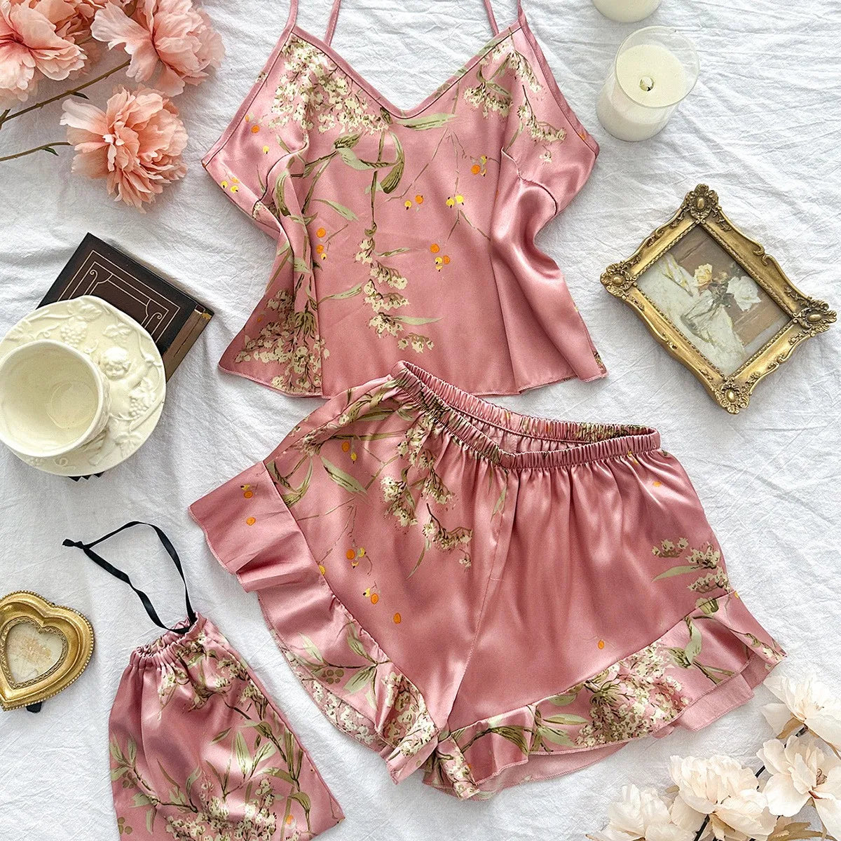 Elegant Floral Print Cami Top And Ruffle Hem Shorts Pyjama Set