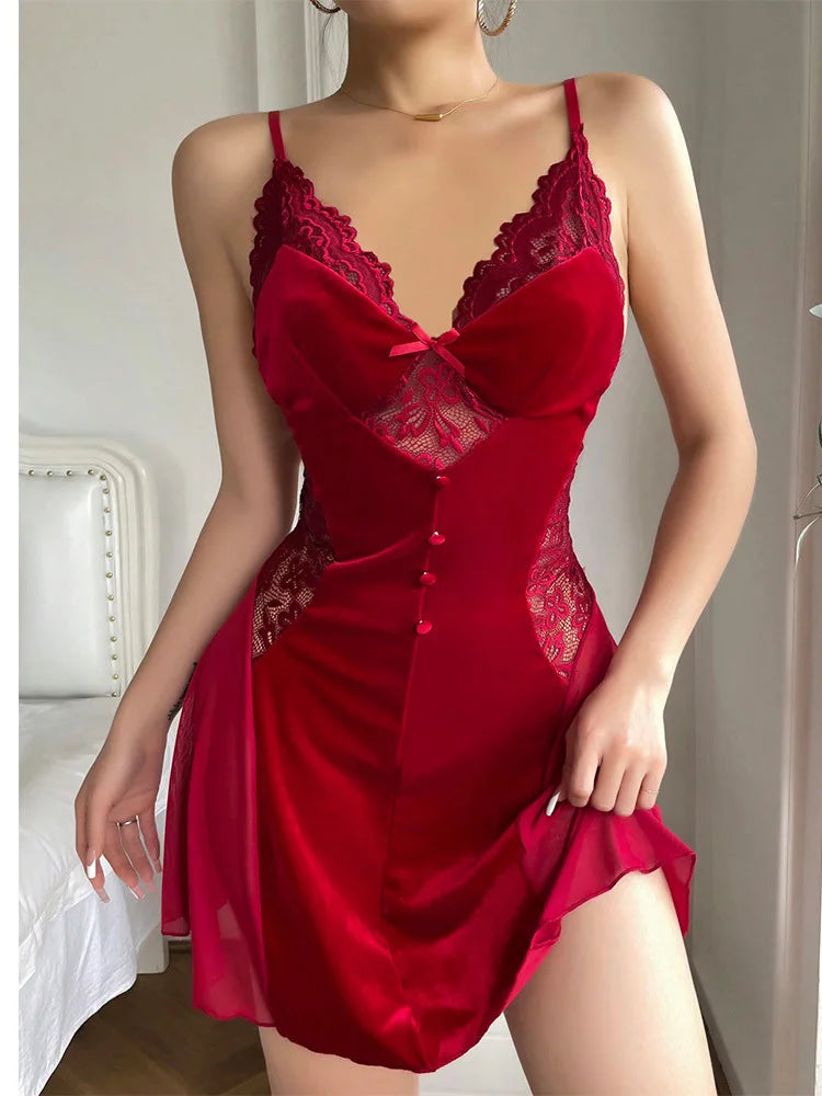 Sexy Velvet Wine Mesh Splicing Sling V-neck Baby Doll Dress Lingerie
