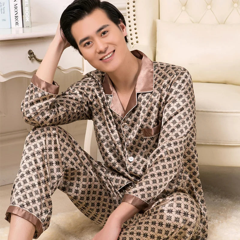 High Quality Men's Ice Silk Long-sleeved Sleepwear Set