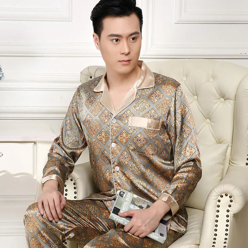 High Quality Men's Ice Silk Long-sleeved Sleepwear Set