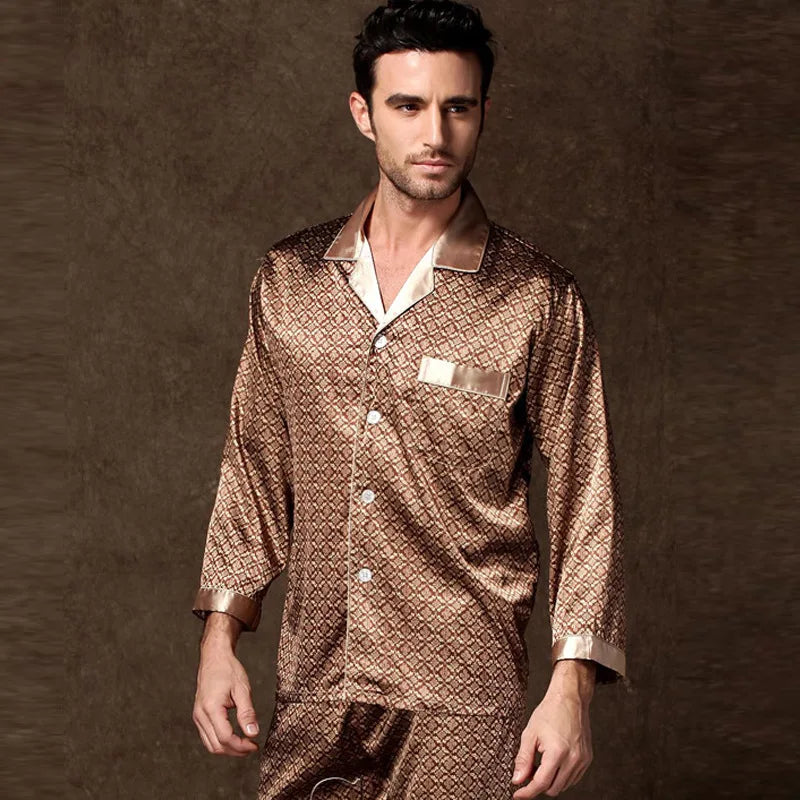 High Quality Men's Ice Silk Long-sleeved Sleepwear Set