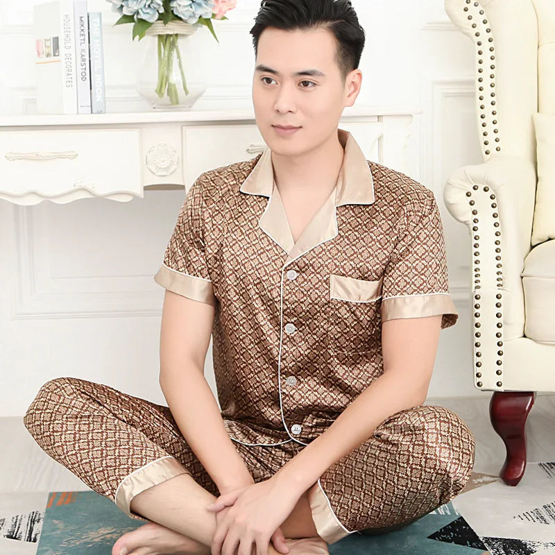 High Quality Men's Ice Silk Long-sleeved Sleepwear Set
