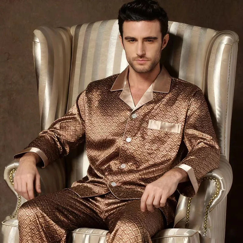 Plus Size Men's Silk Print Pyjamas - 2PCS Luxury Sleepwear Set