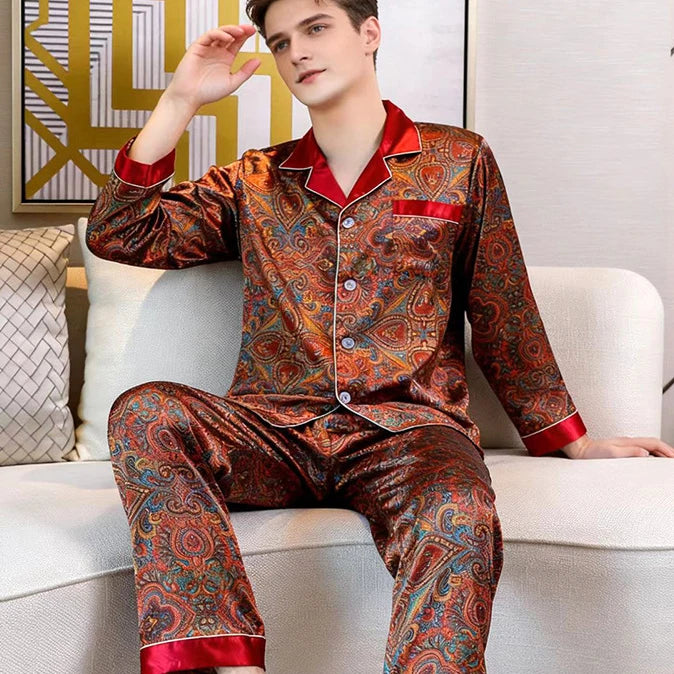 Plus Size Men's Silk Print Pyjamas - 2PCS Luxury Sleepwear Set
