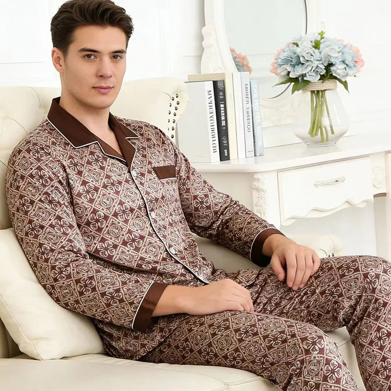 Plus Size Men's Silk Print Pyjamas - 2PCS Luxury Sleepwear Set