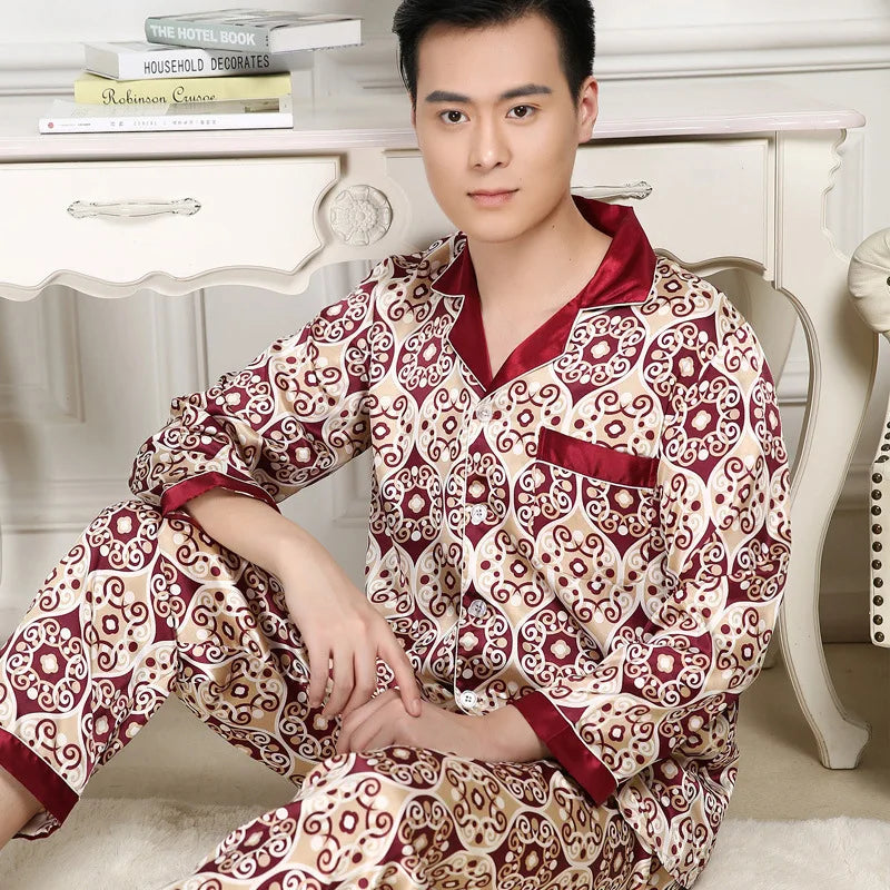 High Quality Men's Ice Silk Long-sleeved Sleepwear Set