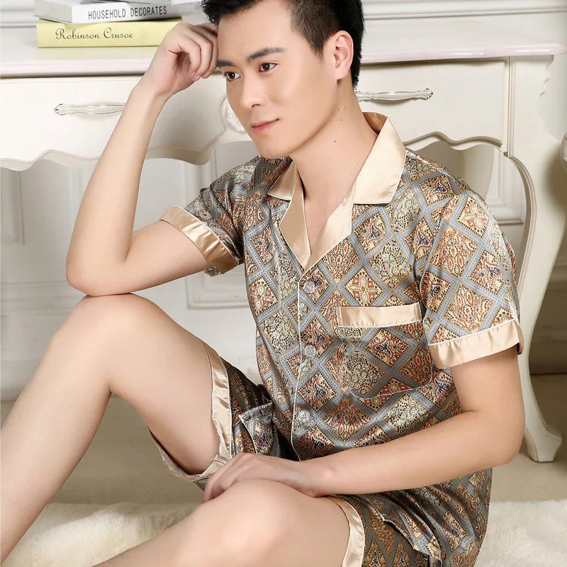 High Quality Men's Ice Silk Long-sleeved Sleepwear Set