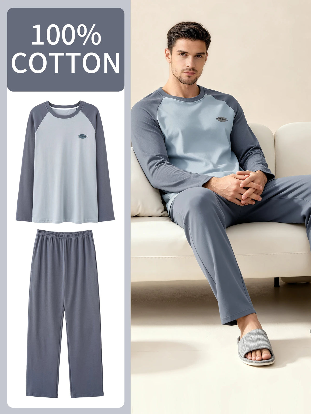Men's 100% Cotton Long Sleeved Four Season Sleepwear