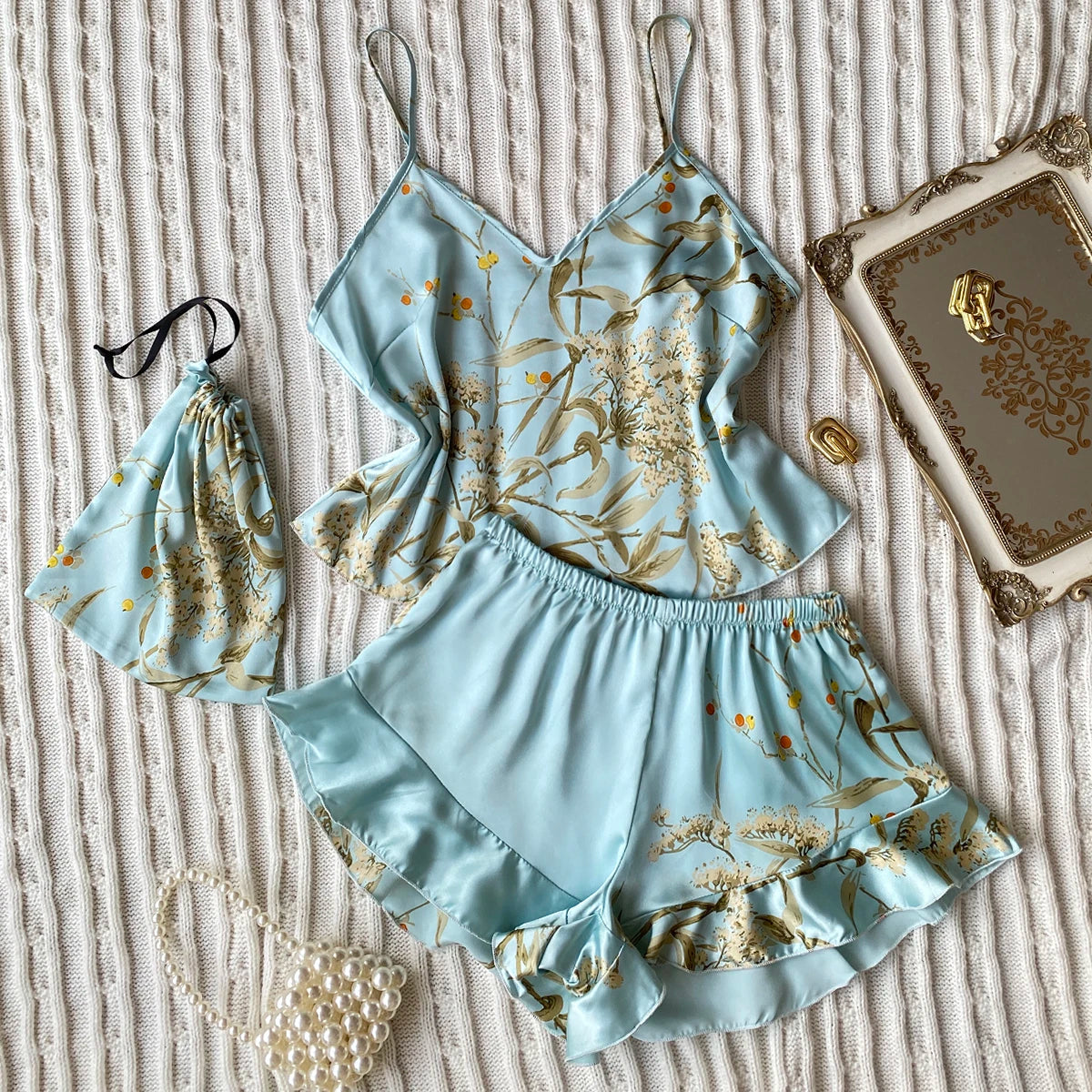 Elegant Floral Print Cami Top And Ruffle Hem Shorts Pyjama Set