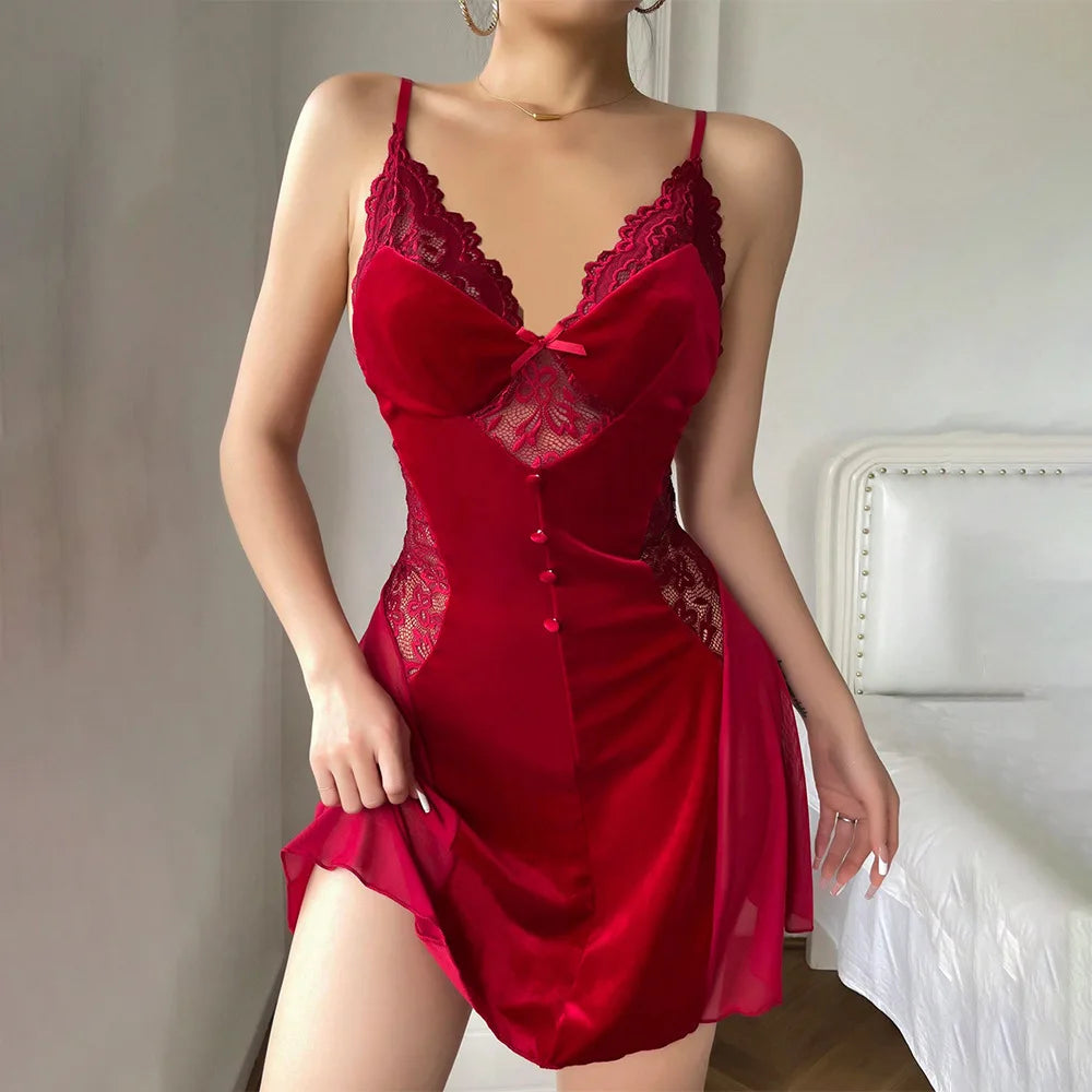 Sexy Velvet Wine Mesh Splicing Sling V-neck Baby Doll Dress Lingerie