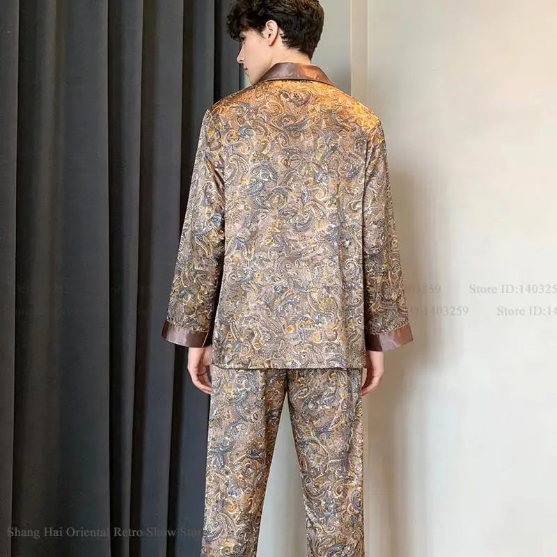 Plus Size Men's Silk Print Pyjamas - 2PCS Luxury Sleepwear Set