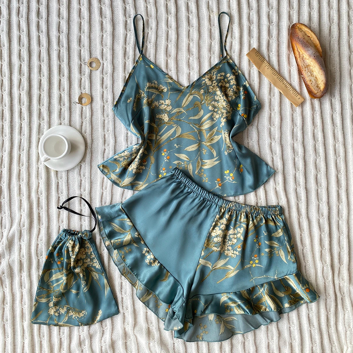 Elegant Floral Print Cami Top And Ruffle Hem Shorts Pyjama Set