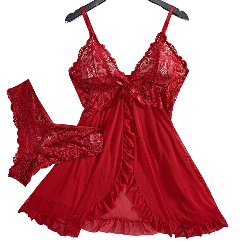 Floral Lace  Lingerie Set with Deep V-Neck & Matching Panties