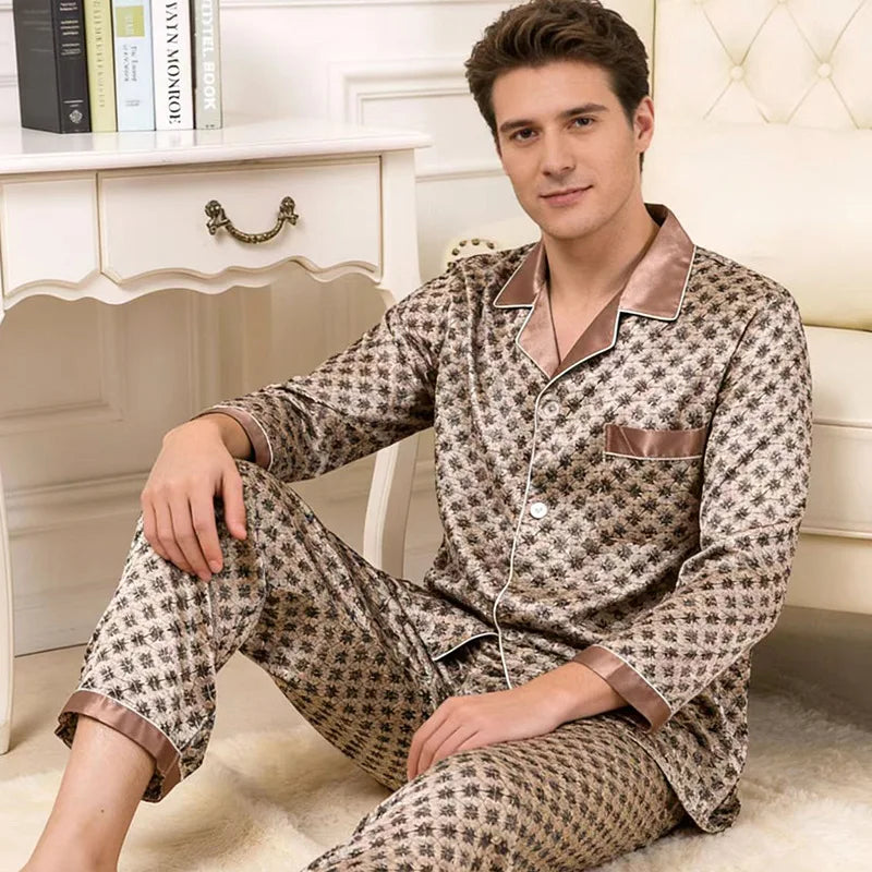 Plus Size Men's Silk Print Pyjamas - 2PCS Luxury Sleepwear Set