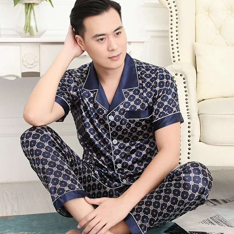High Quality Men's Ice Silk Long-sleeved Sleepwear Set