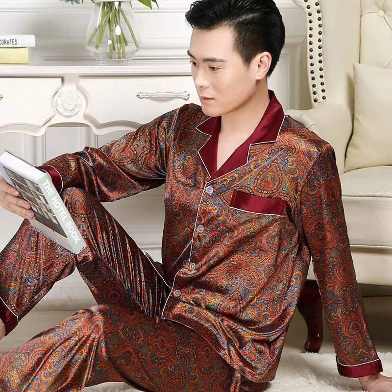High Quality Men's Ice Silk Long-sleeved Sleepwear Set