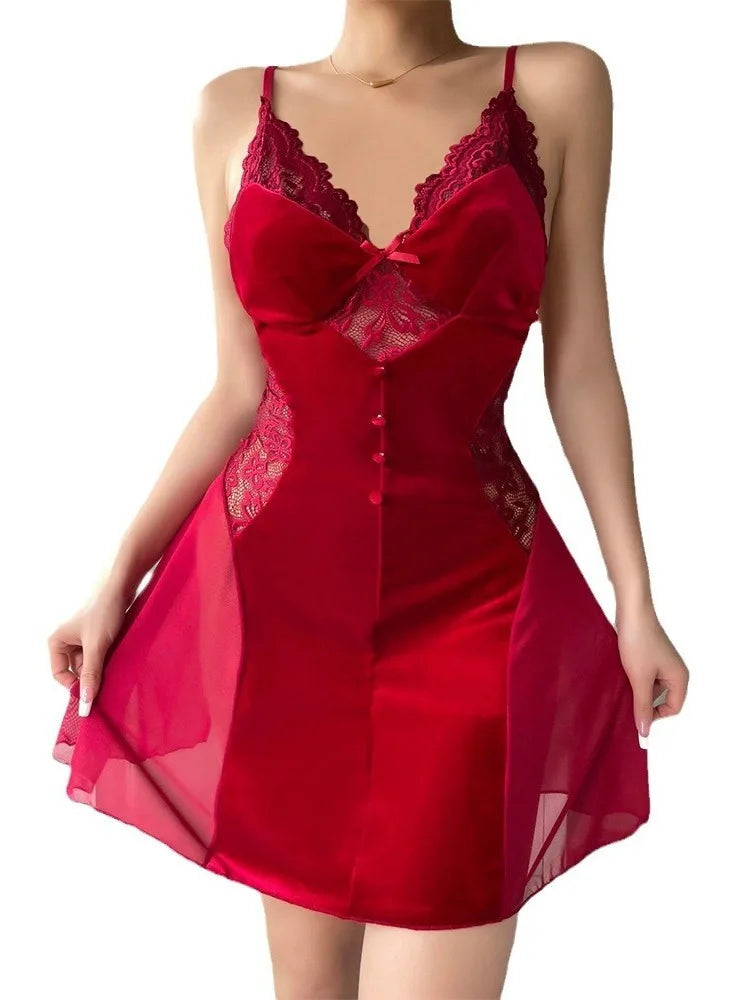 Sexy Velvet Wine Mesh Splicing Sling V-neck Baby Doll Dress Lingerie