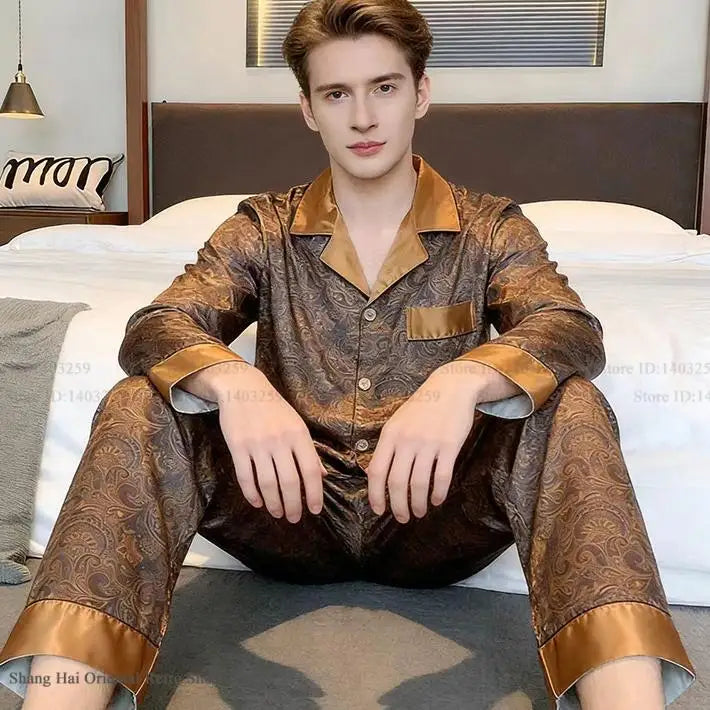 Plus Size Men's Silk Print Pyjamas - 2PCS Luxury Sleepwear Set