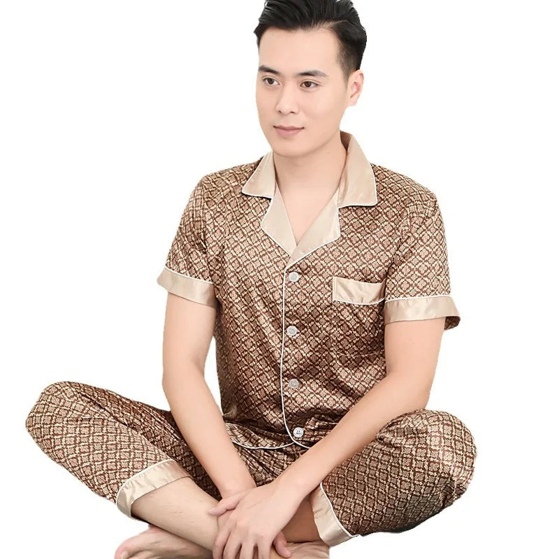 High Quality Men's Ice Silk Long-sleeved Sleepwear Set
