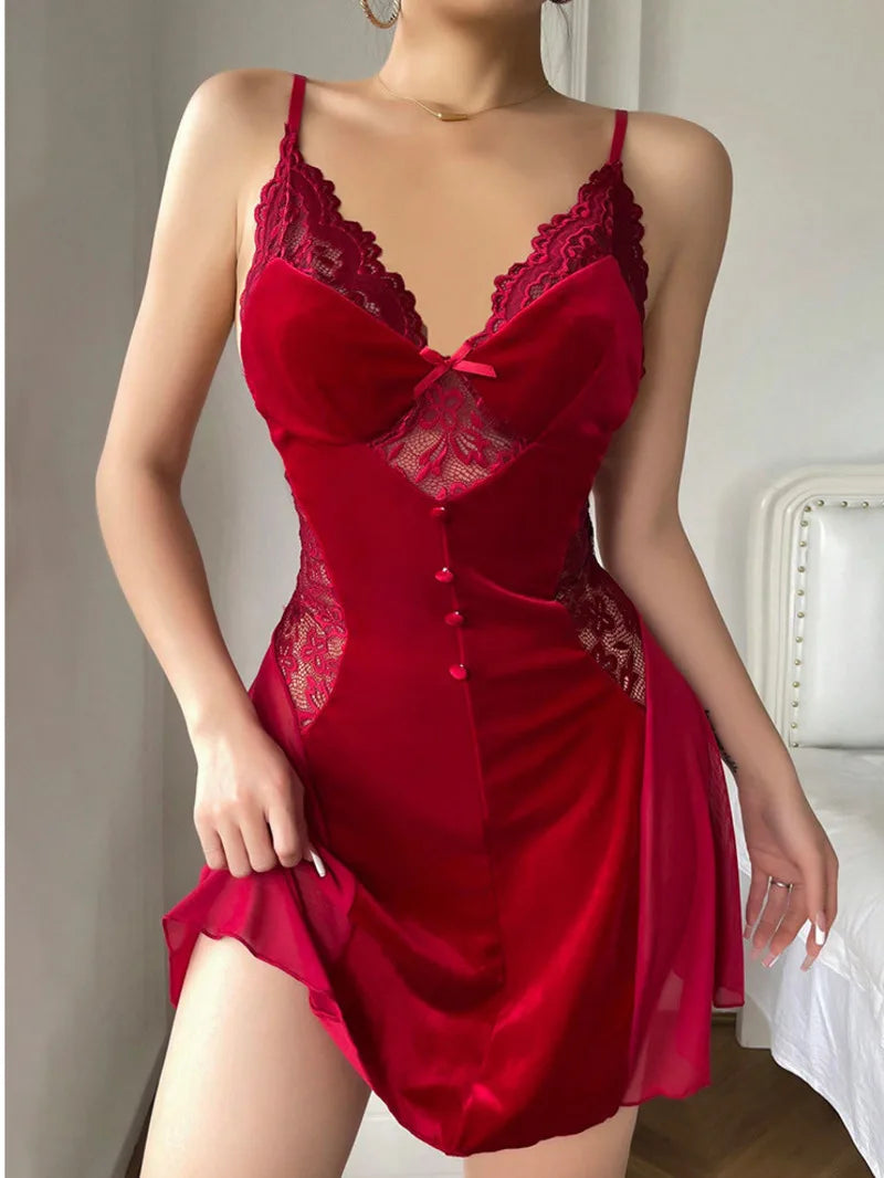 Sexy Velvet Wine Mesh Splicing Sling V-neck Baby Doll Dress Lingerie