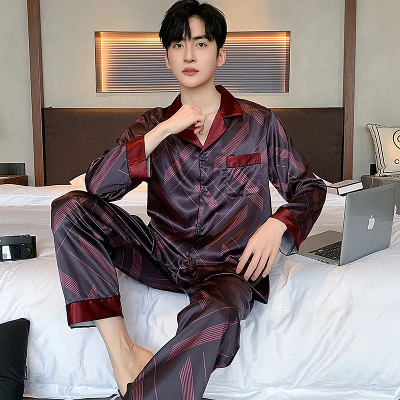 High Quality Men's Ice Silk Long-sleeved Sleepwear Set