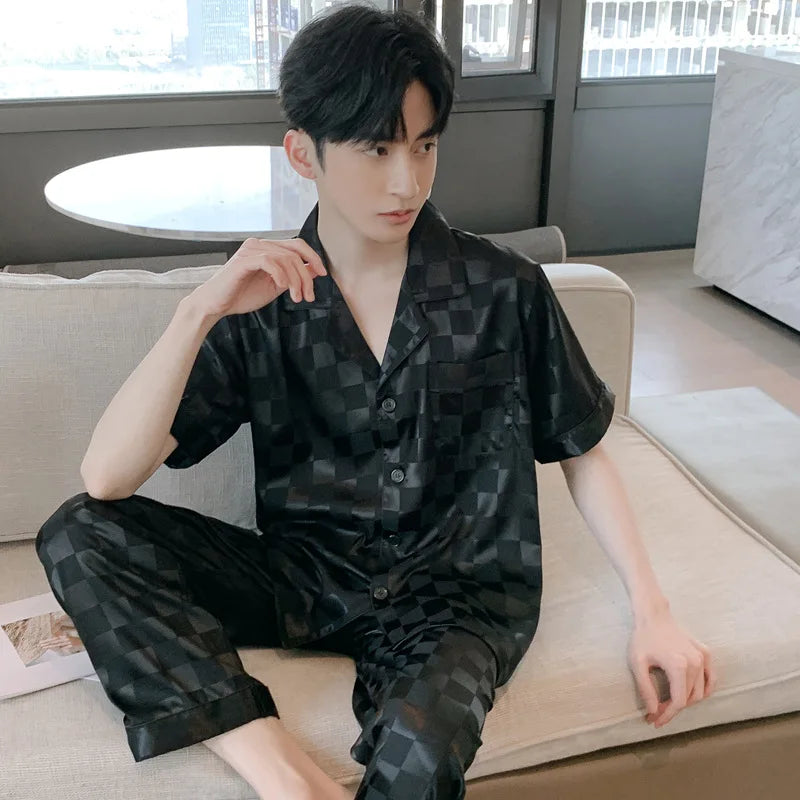 High Quality Men's Ice Silk Long-sleeved Sleepwear Set