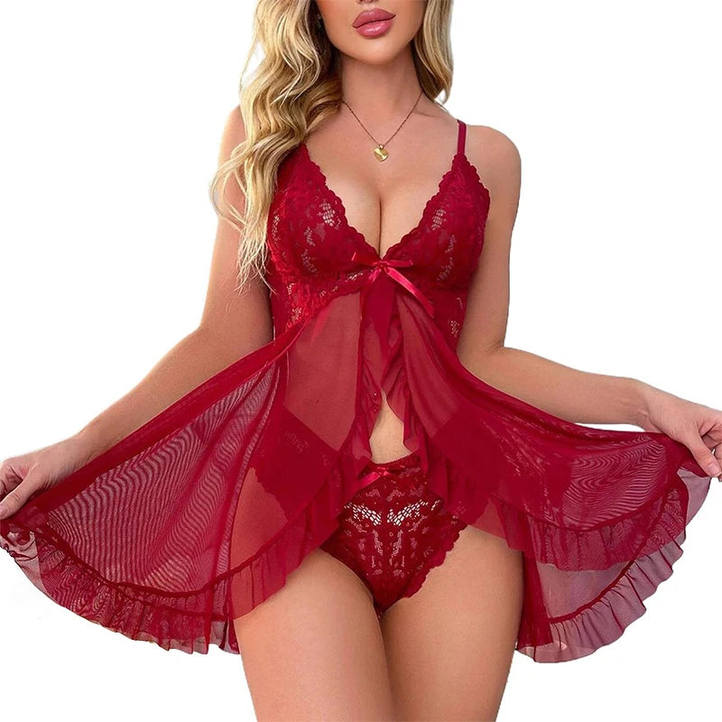 Floral Lace  Lingerie Set with Deep V-Neck & Matching Panties