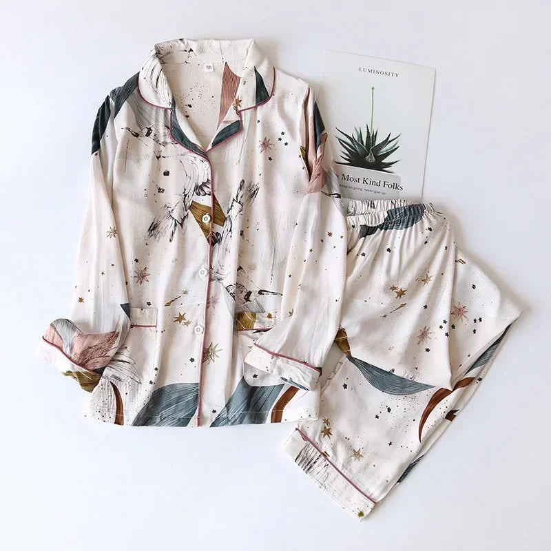 Elegant 100% Viscose Long-sleeved Ladies Pyjamas Set