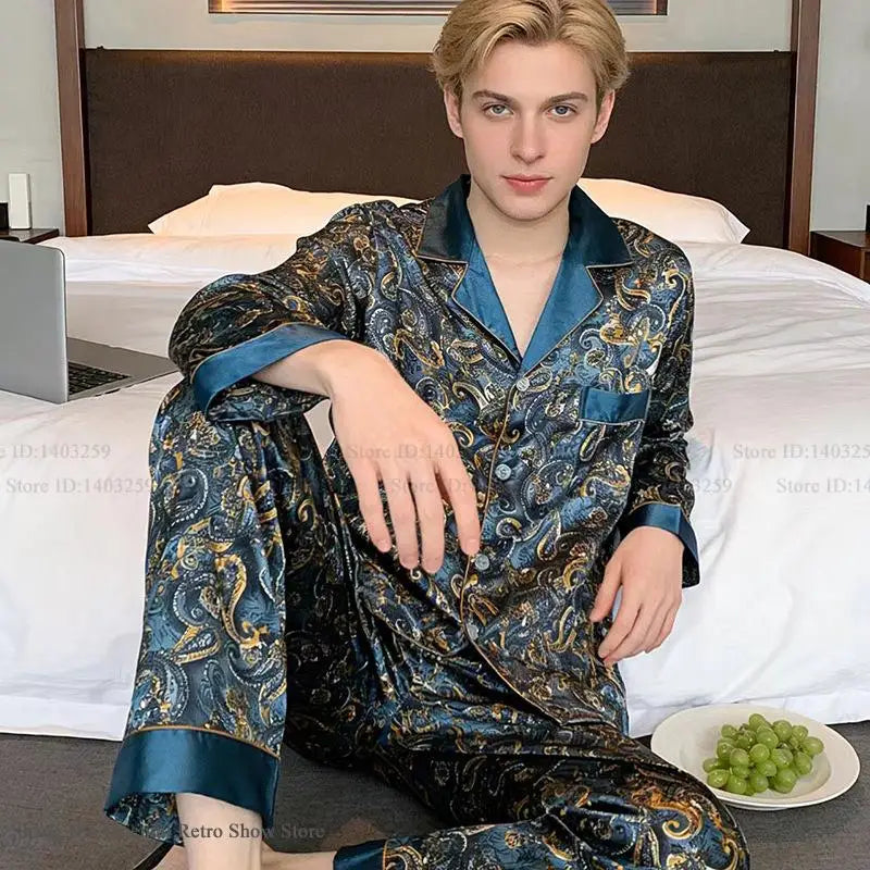 Plus Size Men's Silk Print Pyjamas - 2PCS Luxury Sleepwear Set