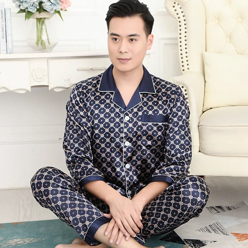 High Quality Men's Ice Silk Long-sleeved Sleepwear Set