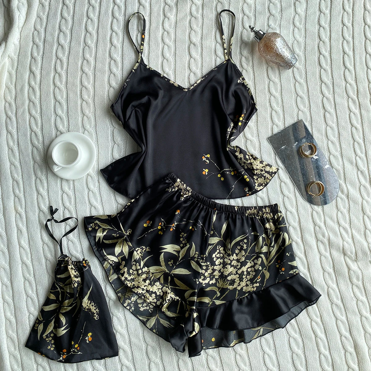 Elegant Floral Print Cami Top And Ruffle Hem Shorts Pyjama Set