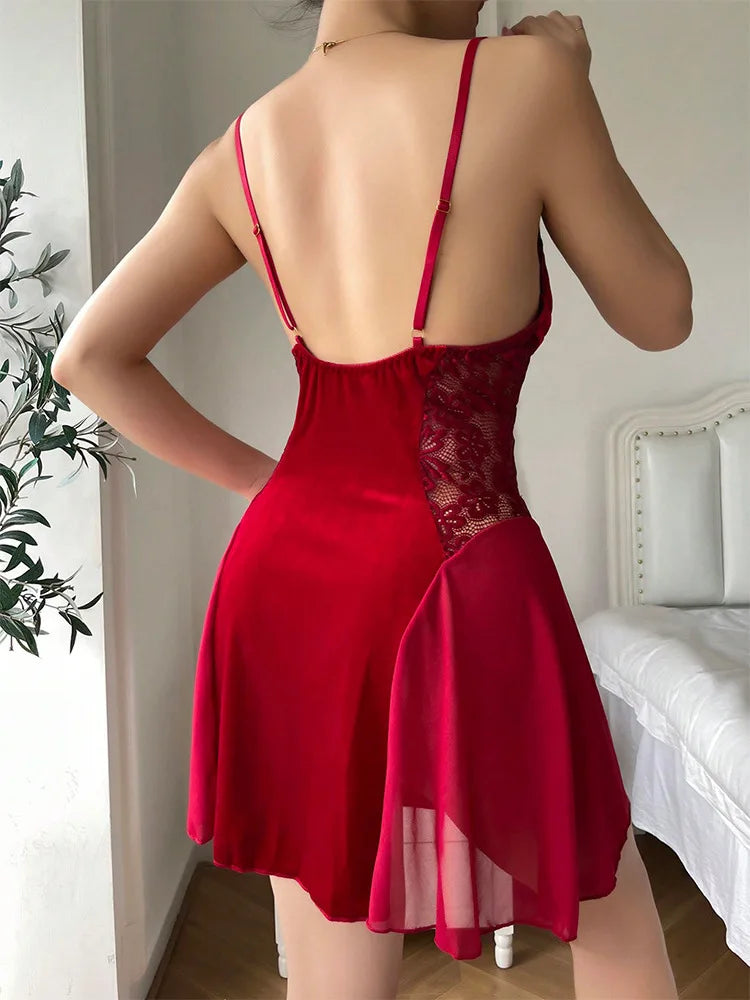Sexy Velvet Wine Mesh Splicing Sling V-neck Baby Doll Dress Lingerie