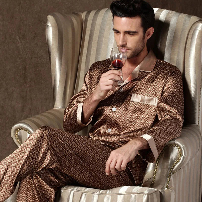 High Quality Men's Ice Silk Long-sleeved Sleepwear Set
