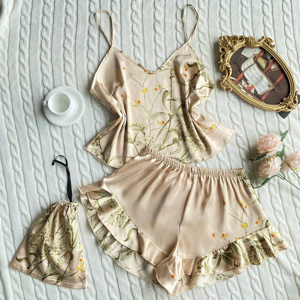 Elegant Floral Print Cami Top And Ruffle Hem Shorts Pyjama Set