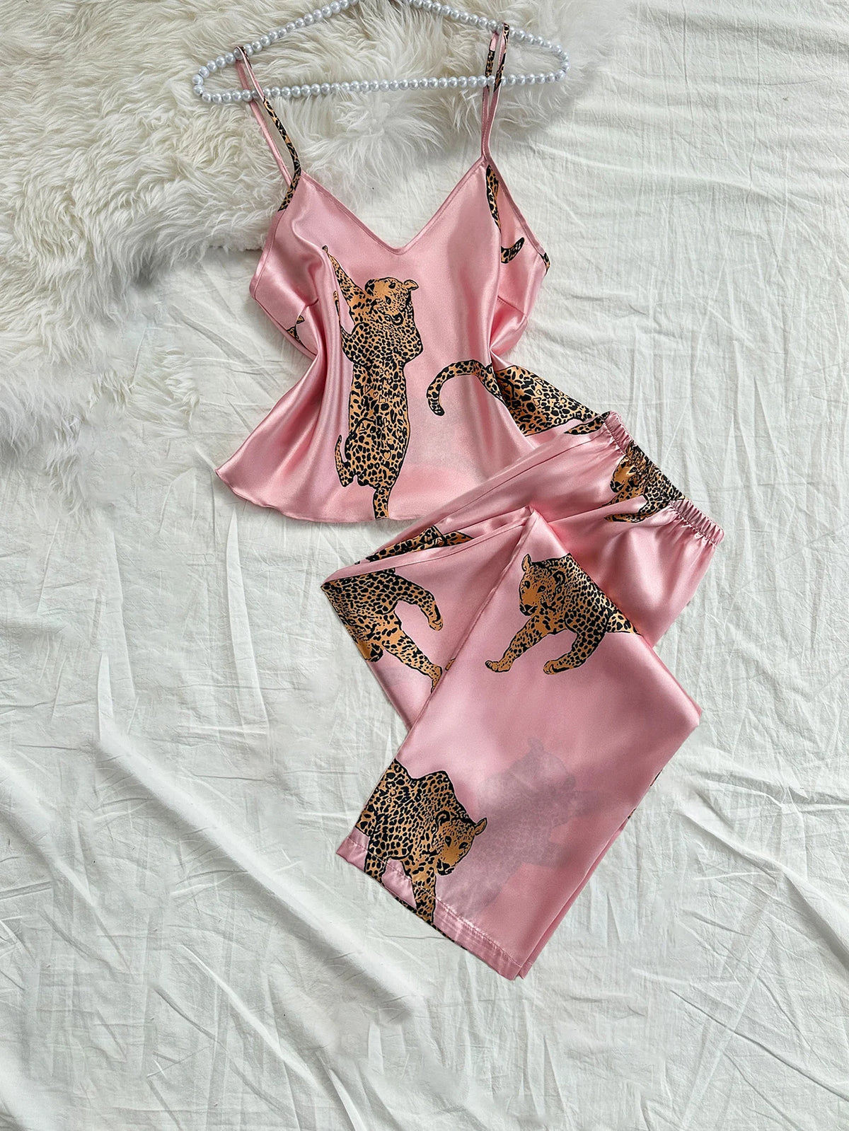 Luxury 2pcs V Neck Leopard Silk Blend Pyjama Set